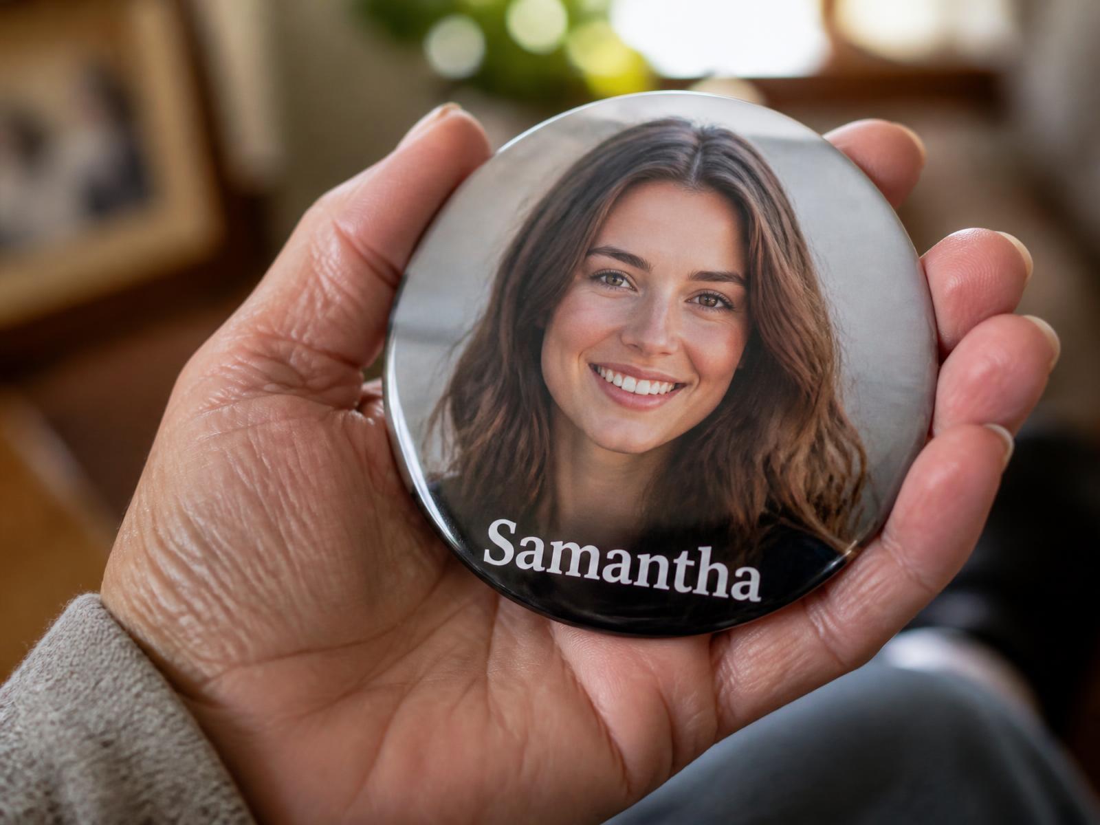 Photo magnet with family member's name in large print used as a gentle memory aid