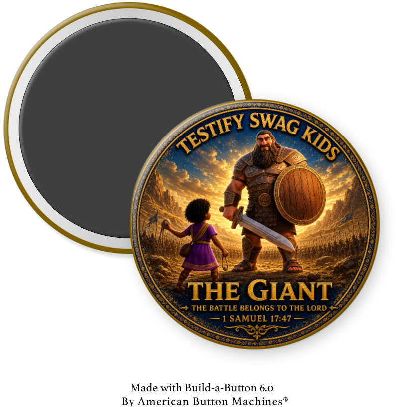 Kids Like David magnet — a girl with a sling facing Goliath, The Giant, 1 Samuel 17:47