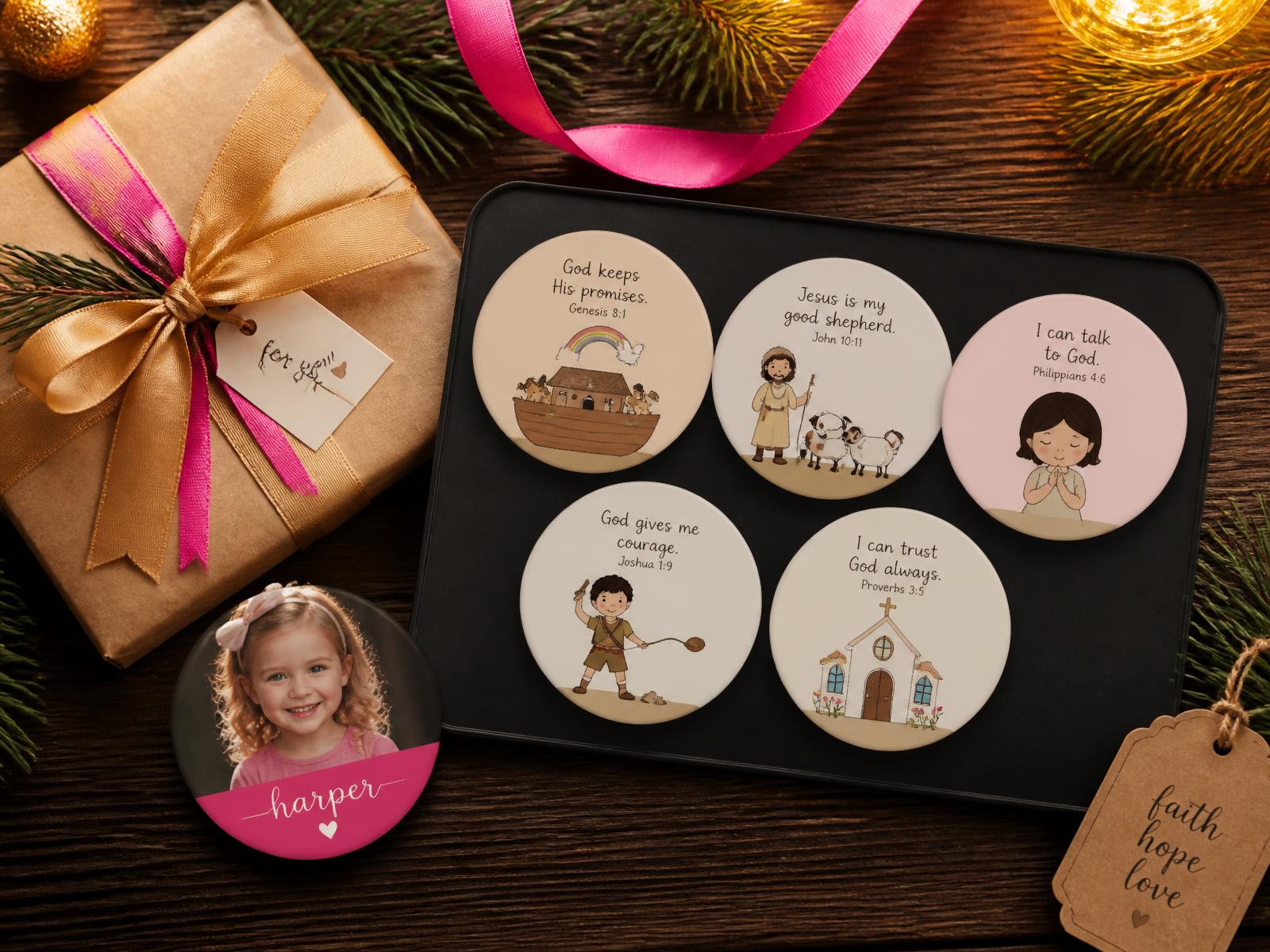 Unique screen-free Christmas gifts for kids — interactive Bible lesson magnet sets and personalized photo magnets