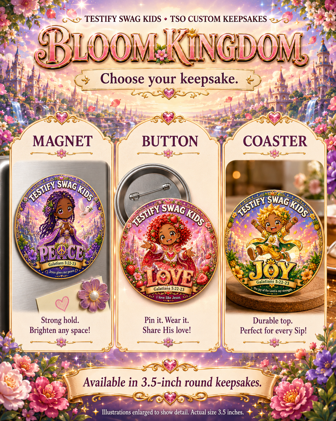 Bloom Kingdom Fruit of the Spirit design available as a magnet, pinback button, or coaster