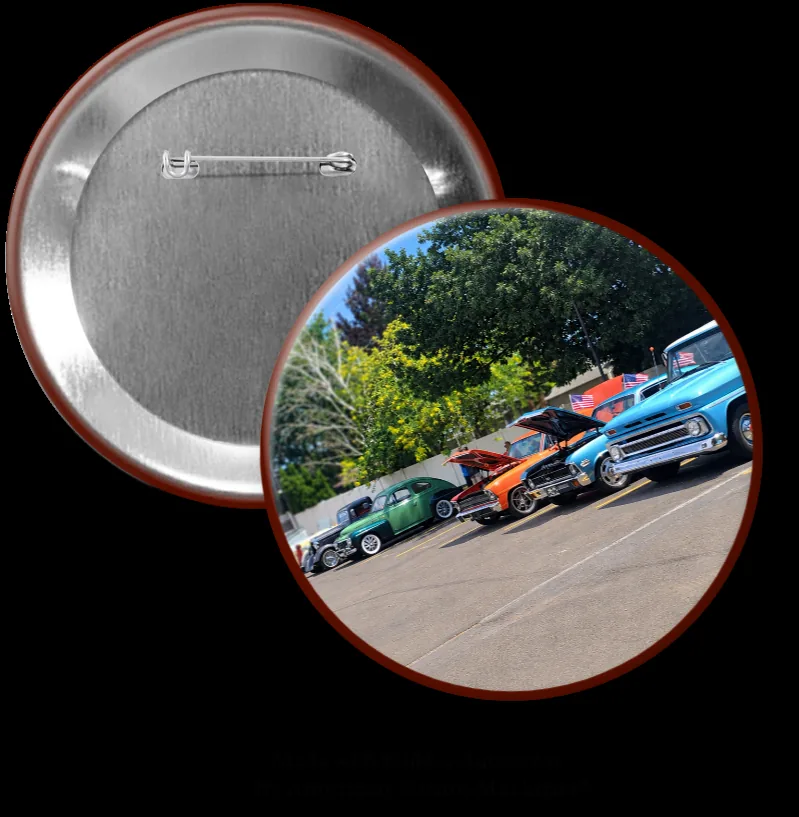 Custom photo pinback button of a Yakima Valley classic car show lineup