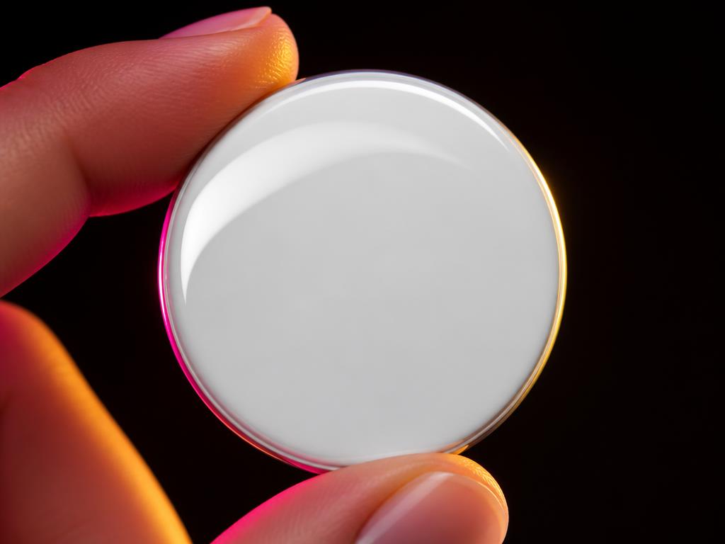 Round photo magnet held between fingertips showing the high-gloss protective finish that resists fading and peeling