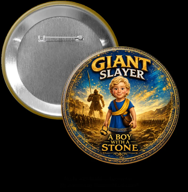 Kids Like David, A Boy With A Stone 3.5 inch custom photo pinback button showing young David facing Goliath