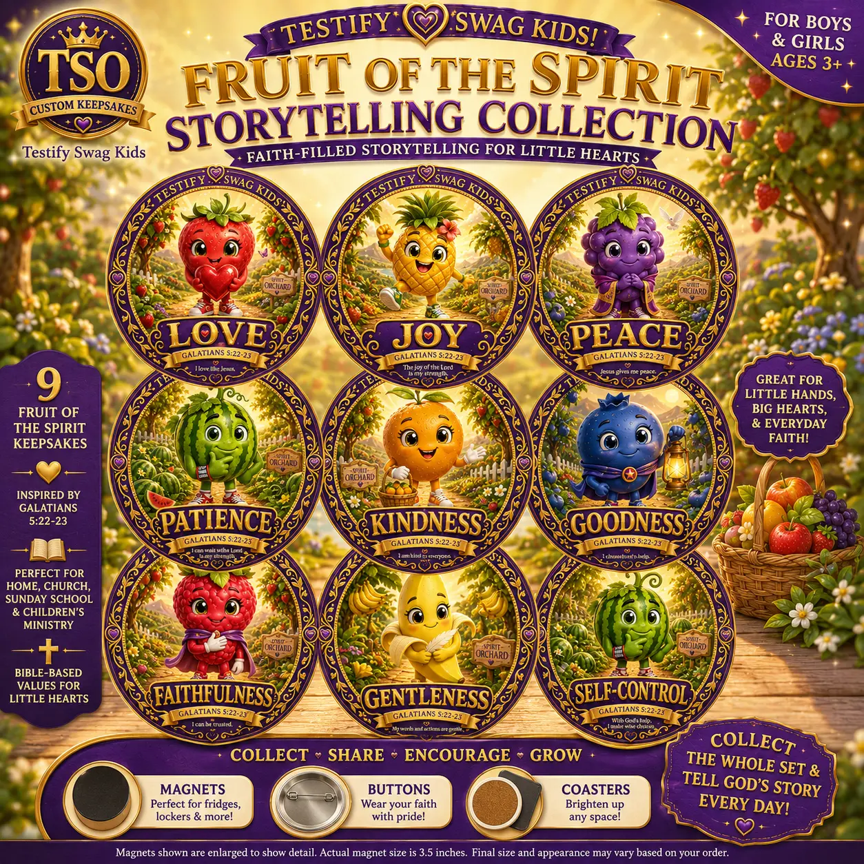 Fruit of the Spirit Storytelling Collection — 9-piece Galatians 5:22-23 magnet set for little kids