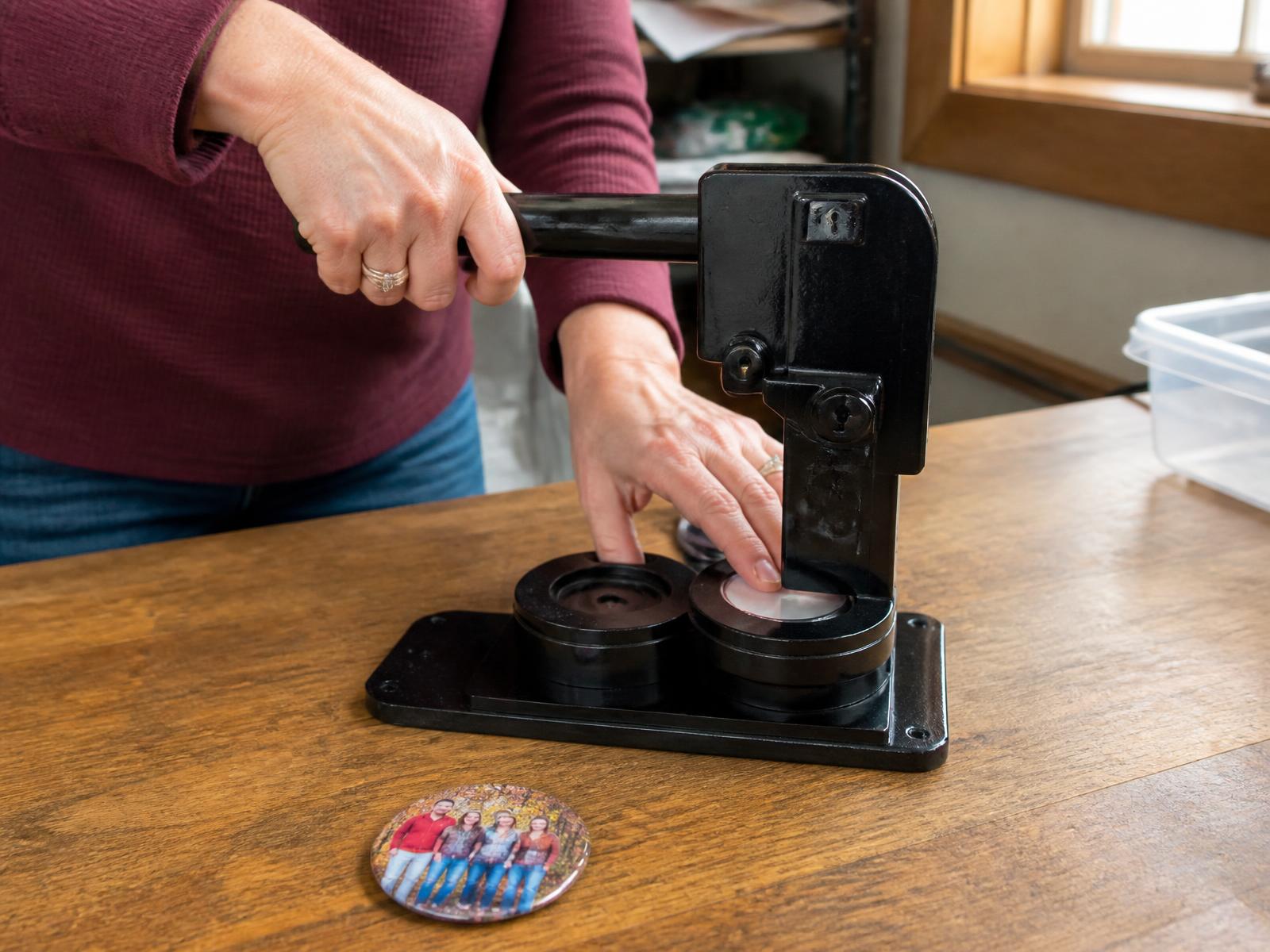 Personalized photo magnets being pressed by hand in Yakima Washington