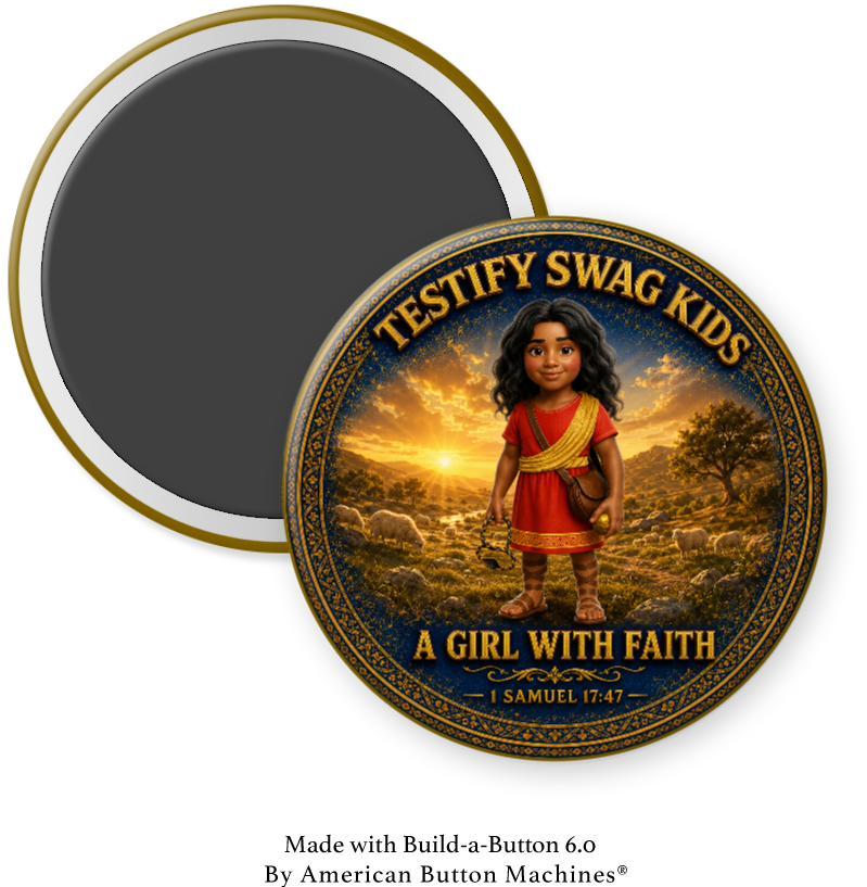 Kids Like David magnet — a Latina girl in a red tunic with a sling, A Girl With Faith, 1 Samuel 17:47