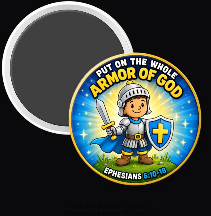 Armor of God kids magnet held in hand, showing a child in armor with the Ephesians 6 verse