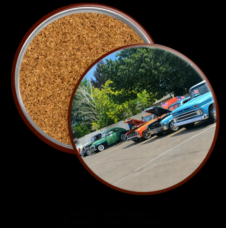 Custom photo coaster of a classic car show, cork-backed keepsake made in Yakima, WA