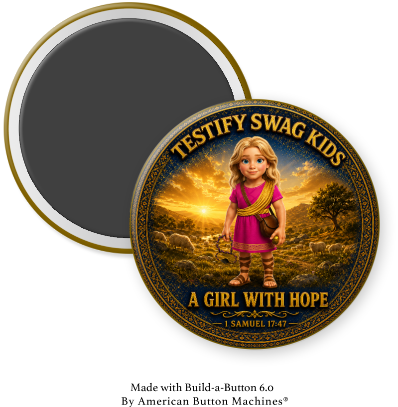Kids Like David magnet — a blonde girl with a sling in a pink tunic, A Girl With Hope, 1 Samuel 17:47