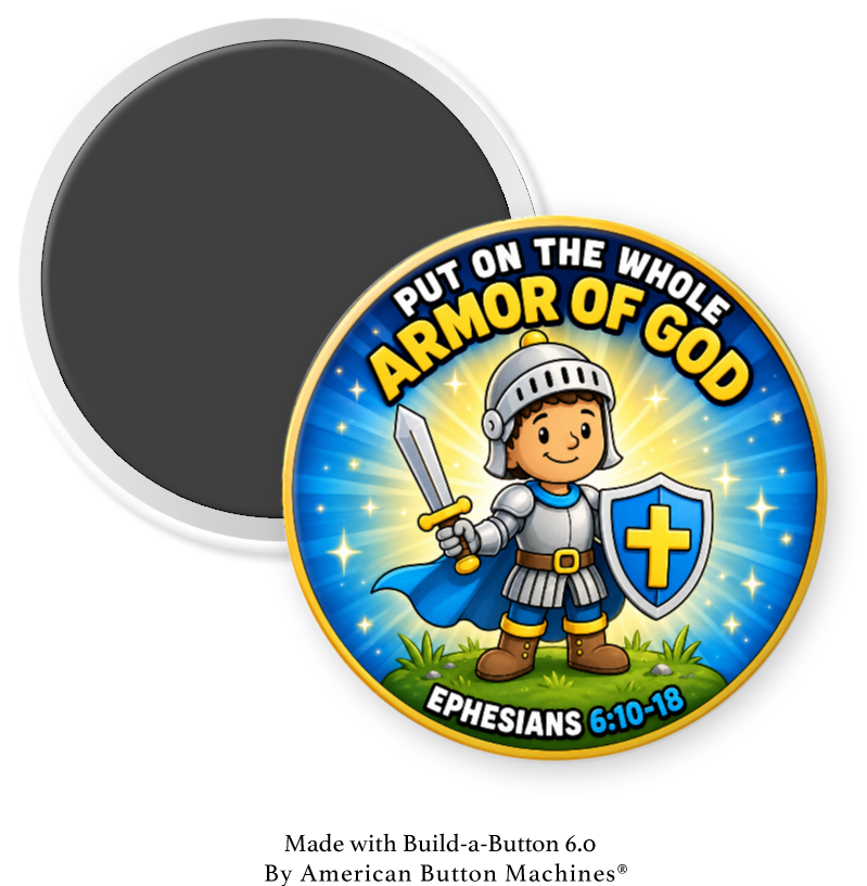Armor of God kids magnet held in hand, showing a child in armor with the Ephesians 6 verse