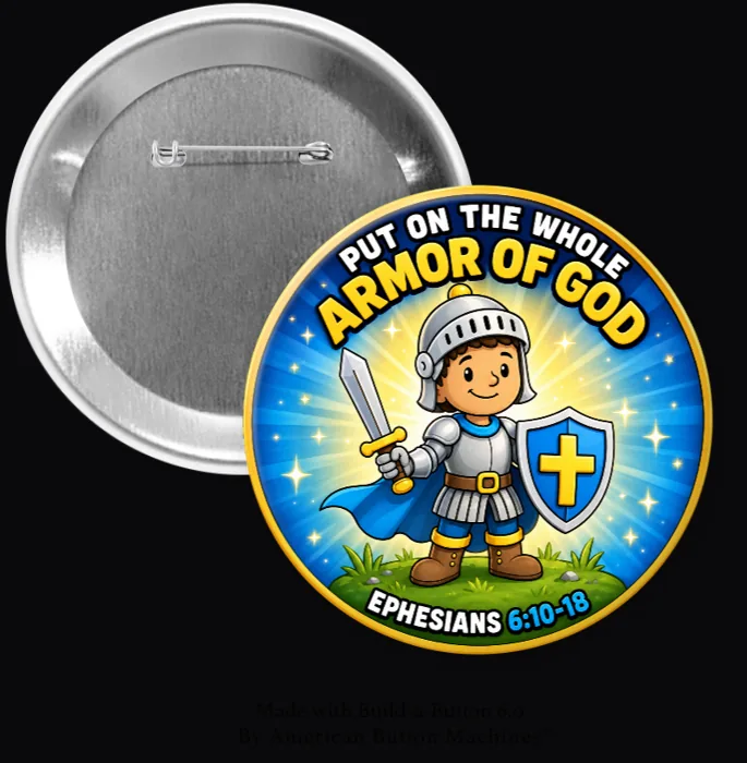 Armor of God pinback button for kids showing a child in armor with the Ephesians 6 verse