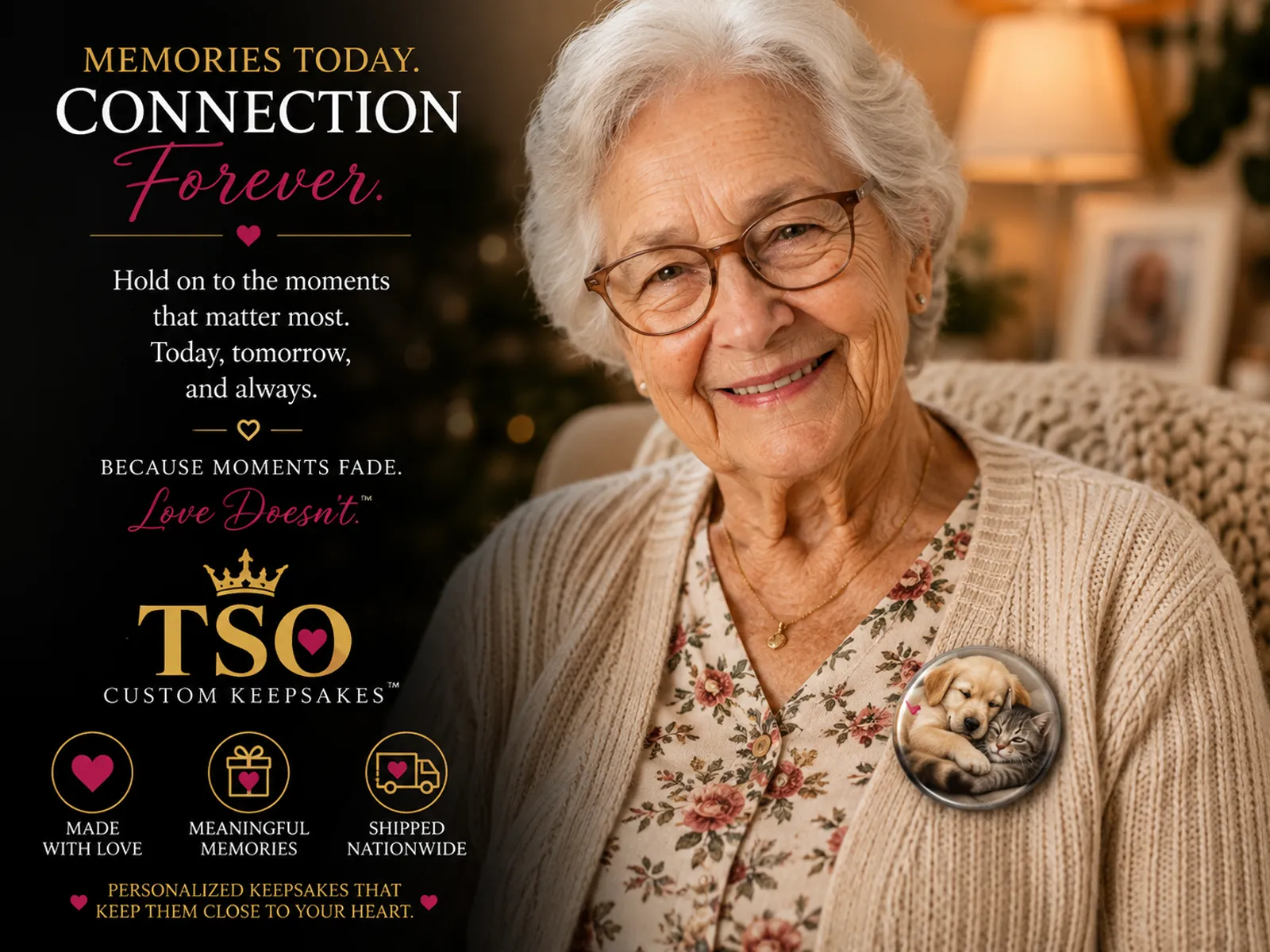 Smiling grandmother wearing a personalized round photo button featuring a cuddling dog and cat.