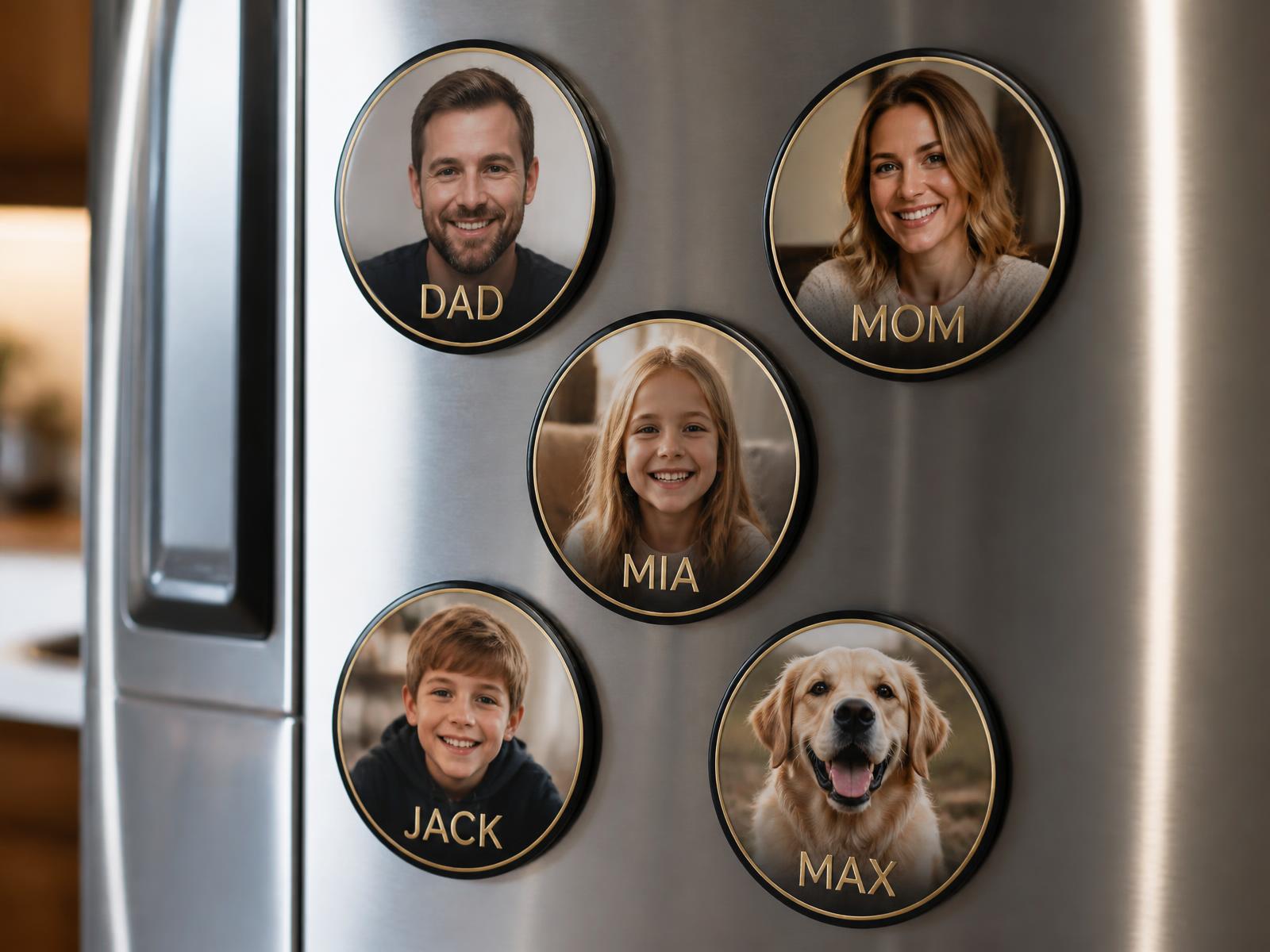 Personalized photo magnets with family names for dementia memory support on a refrigerator
