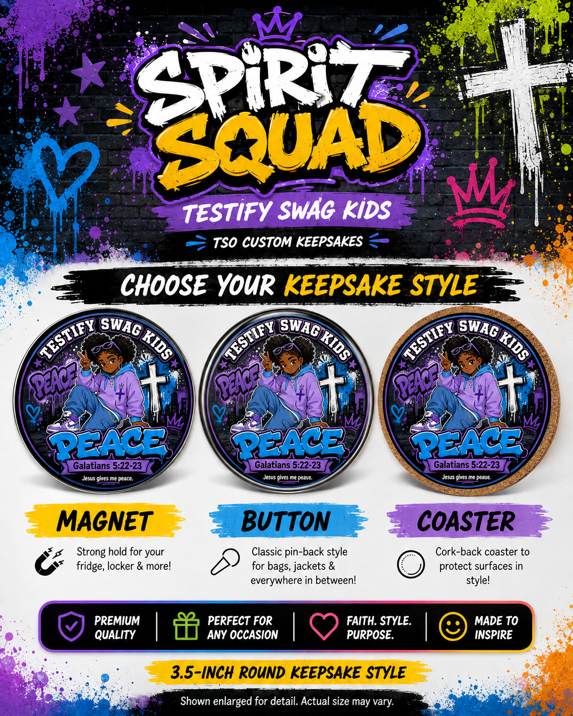 Spirit Squad Fruit of the Spirit design available as a magnet, pinback button, or coaster