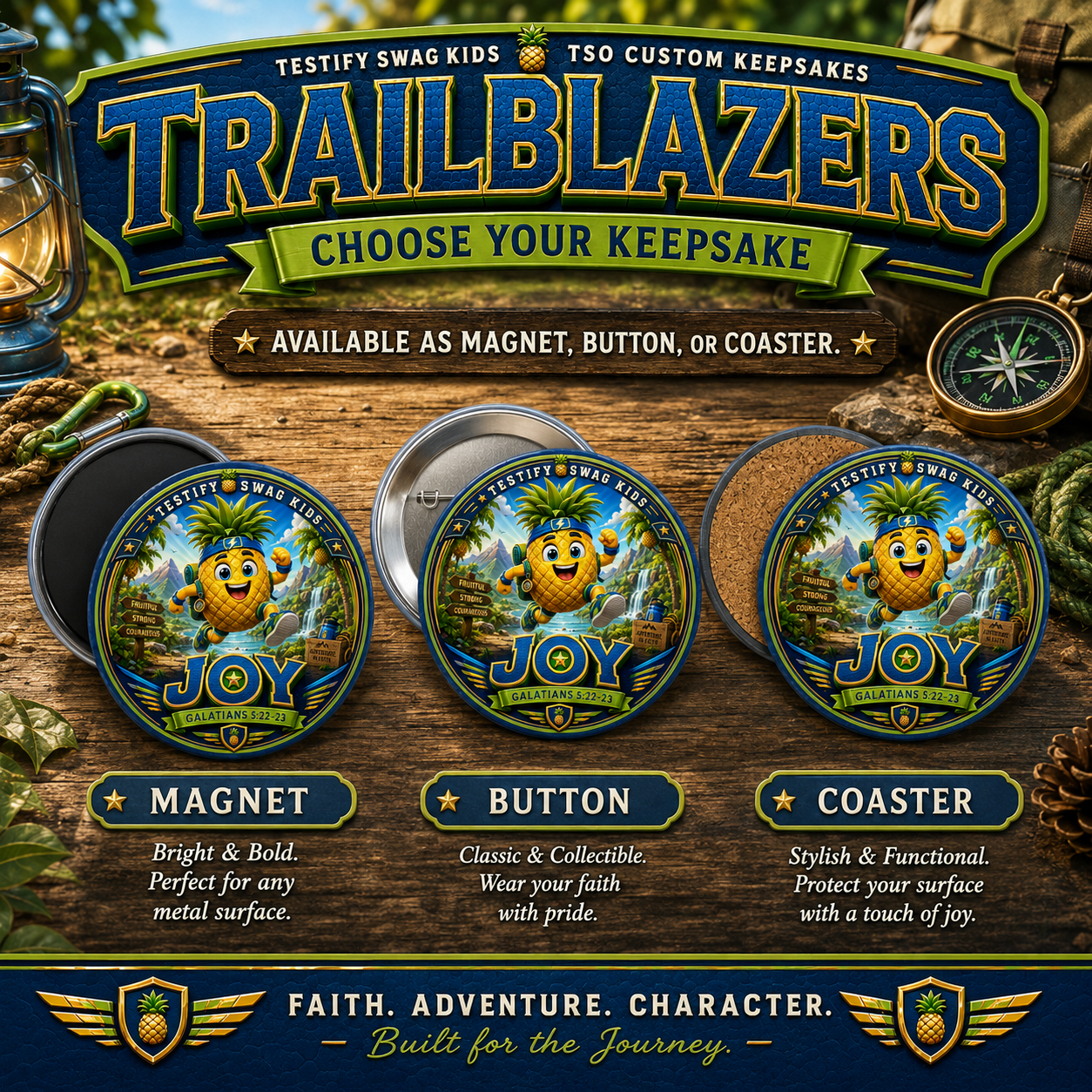 All nine Trailblazers Fruit of the Spirit adventure magnets — Testify Swag Kids