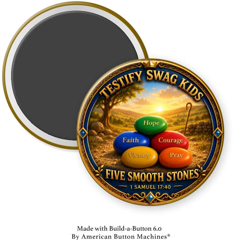 Kids Like David magnet — five smooth stones labeled Hope, Faith, Courage, Victory, Pray, 1 Samuel 17:40