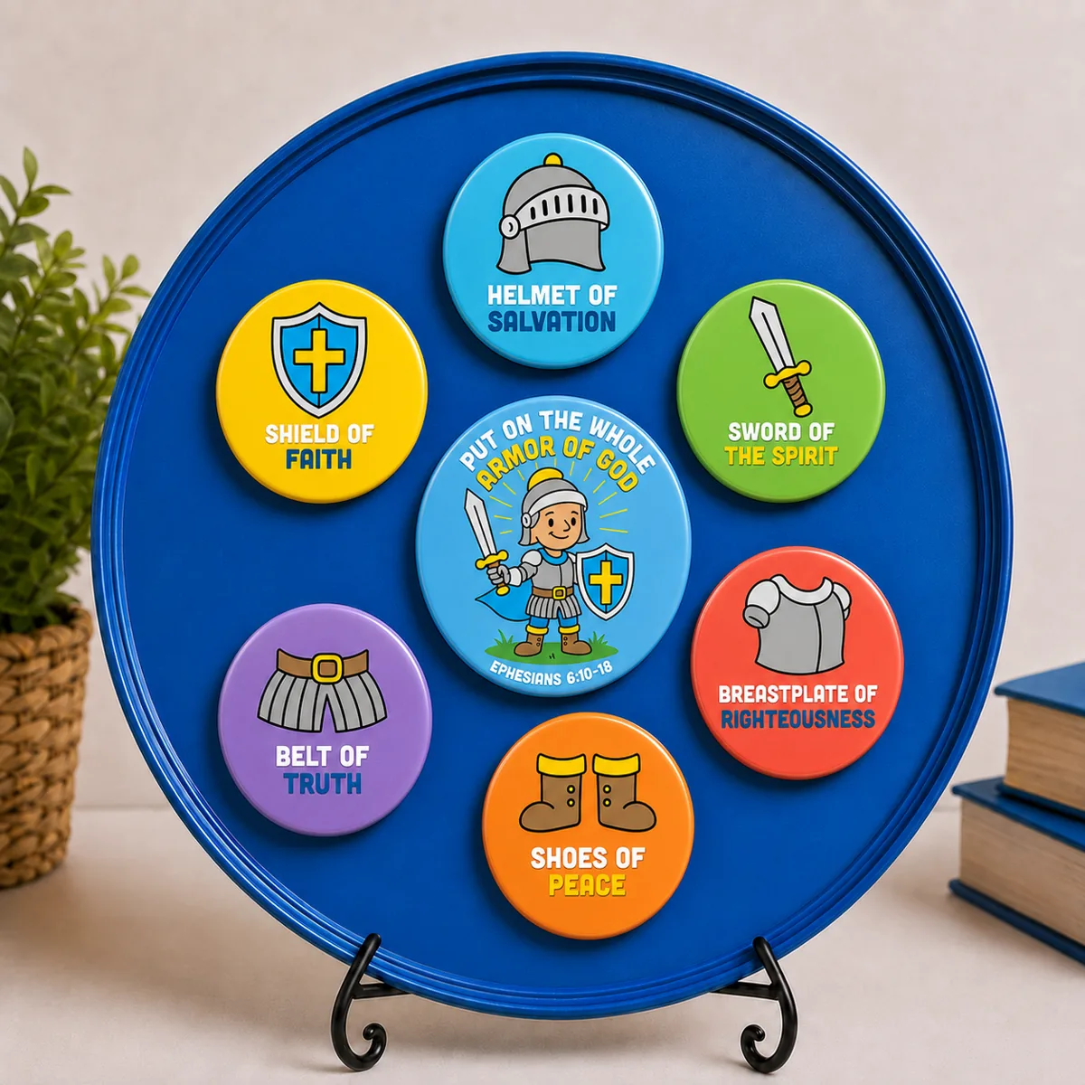 Armor of God 7-piece Bible lesson magnet set displayed on a blue magnetic board with easel stand