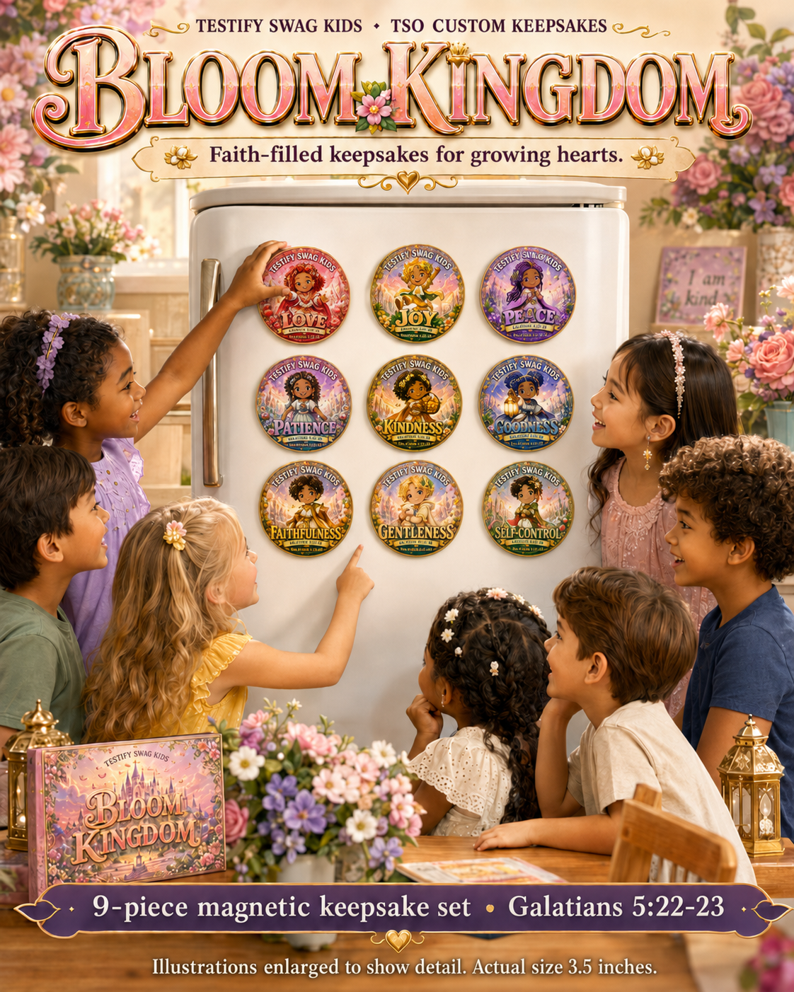 All nine Bloom Kingdom Fruit of the Spirit magnets on a family fridge — Galatians 5:22-23
