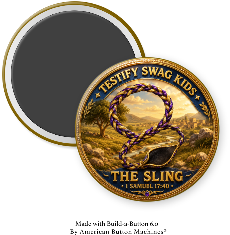 Kids Like David magnet — a braided gold and purple sling, The Sling, 1 Samuel 17:40