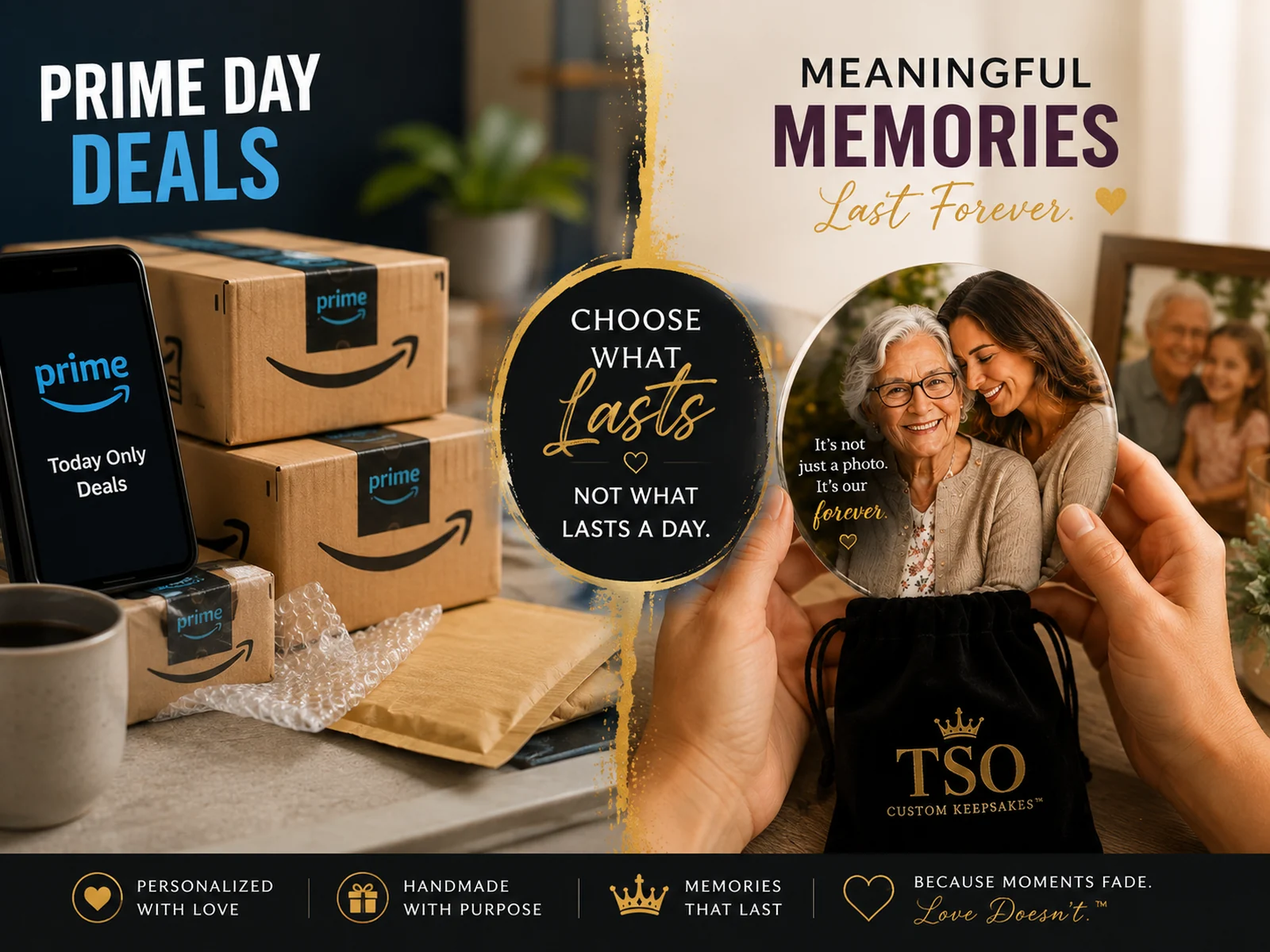 Prime Day 2026 alternative gift — hands holding a handmade TSO Custom Keepsakes photo keepsake of a grandmother and daughter above a black velvet TSO pouch, beside a stack of plain Prime shipping boxes