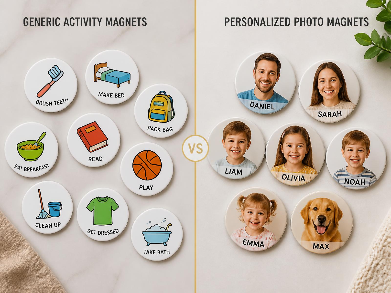 Comparison of illustrated dementia activity magnets and personalized family photo magnets with names