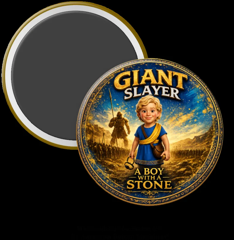 Kids Like David, A Boy With A Stone personalized photo magnet with young David and Goliath artwork for kids Bible lessons