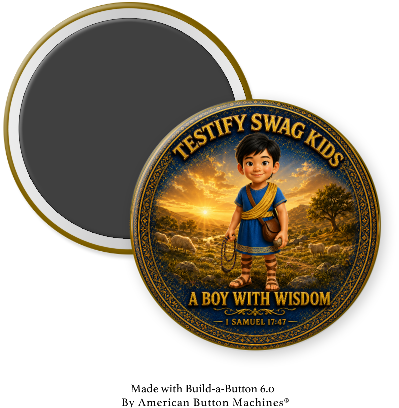 Kids Like David magnet — an Asian boy in a blue tunic with a sling, A Boy With Wisdom, 1 Samuel 17:47
