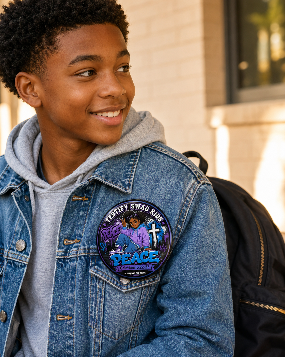 Boy wearing the Spirit Squad Peace pinback button on a denim jacket — Galatians 5:22-23