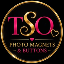 TSO Custom Keepsakes & Buttons round logo with gold ring, pink TSO lettering, and heart accent on black