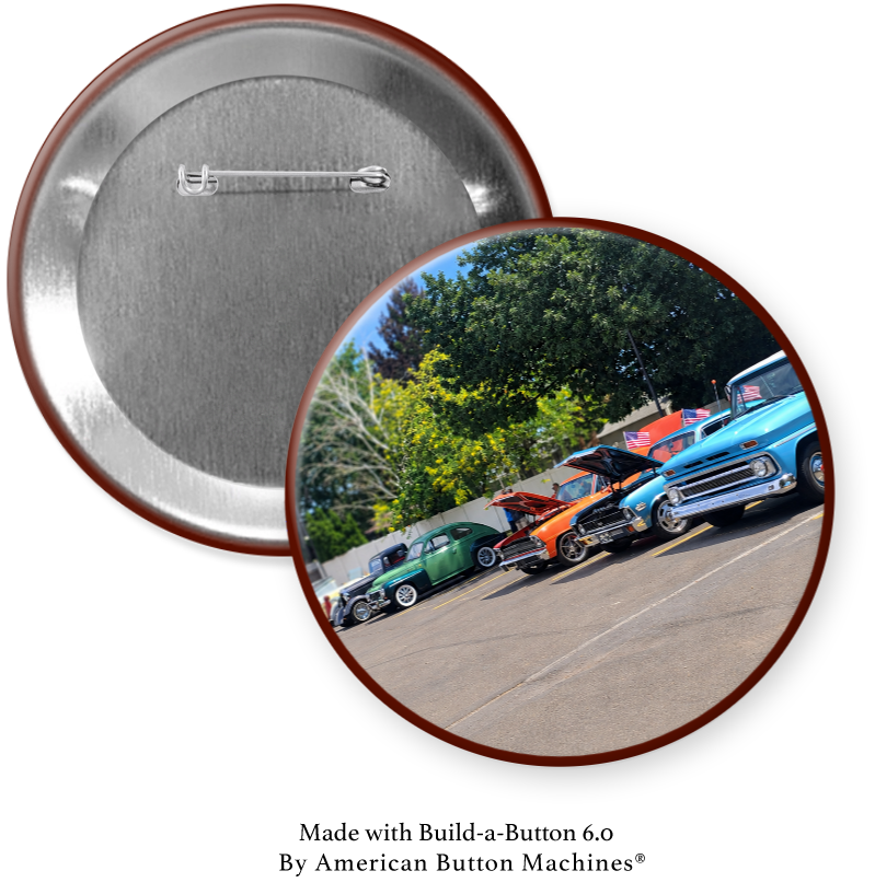 Set of 3.5-inch custom photo buttons laid out for an event table