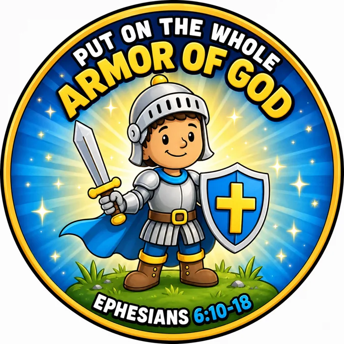 Armor of God center magnet — Put on the full armor of God, Ephesians 6:10-18, gold and navy shield artwork