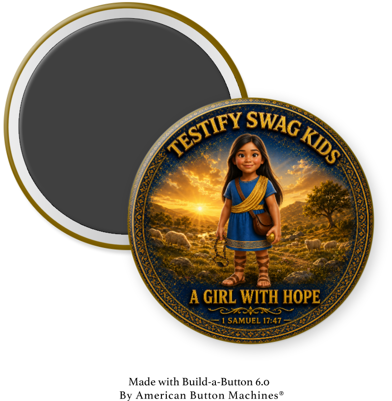 Kids Like David magnet — a Native American girl with a sling in a blue tunic, A Girl With Hope, 1 Samuel 17:47