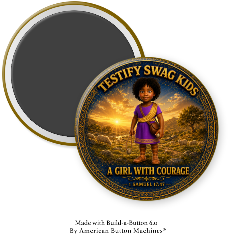 Kids Like David magnet — a Black girl in a purple tunic holding a stone, A Girl With Courage, 1 Samuel 17:47