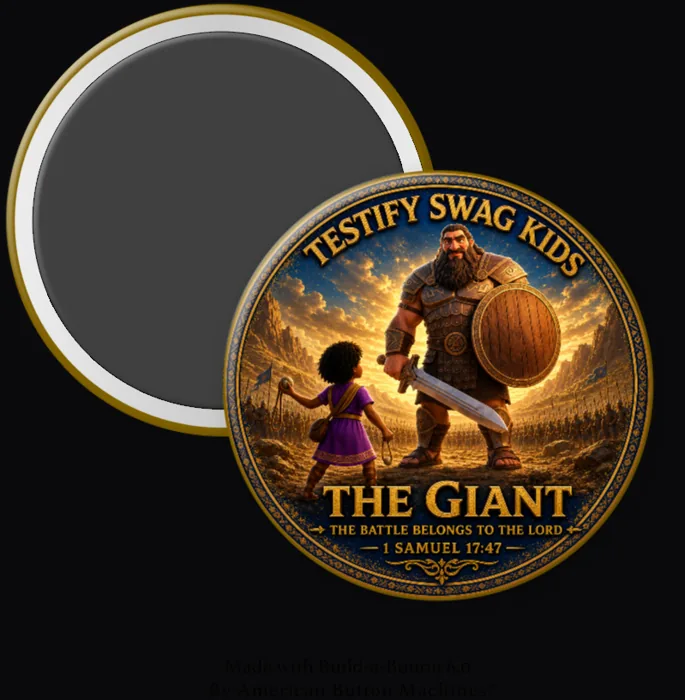 Kids Like David magnet showing a girl with a sling facing Goliath, 1 Samuel 17:47