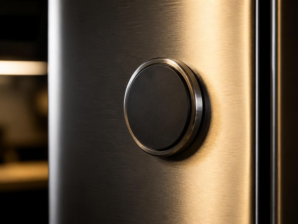 Back of a metal-shell photo magnet holding flat and flush on a stainless refrigerator door