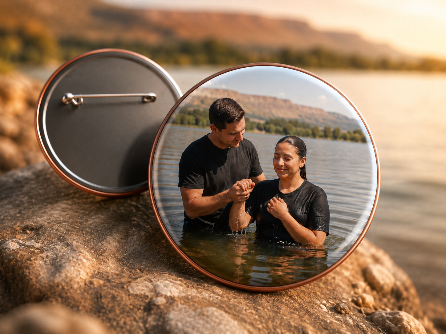Round baptism photo pinback button showing a woman being baptized at Myron Lake during a Yakima citywide baptism celebration.