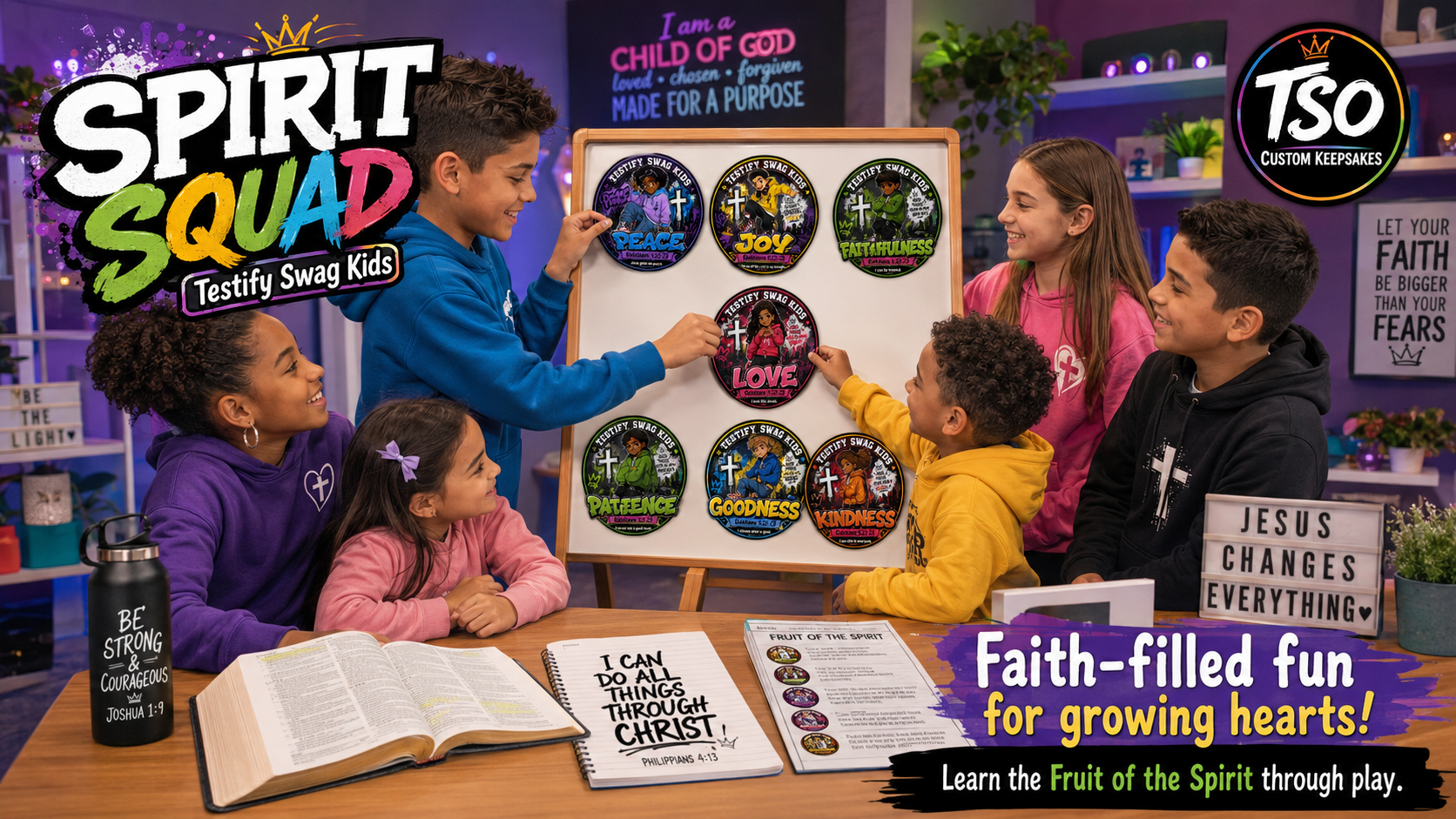 Kids building the Spirit Squad Fruit of the Spirit magnet set together — Galatians 5:22-23