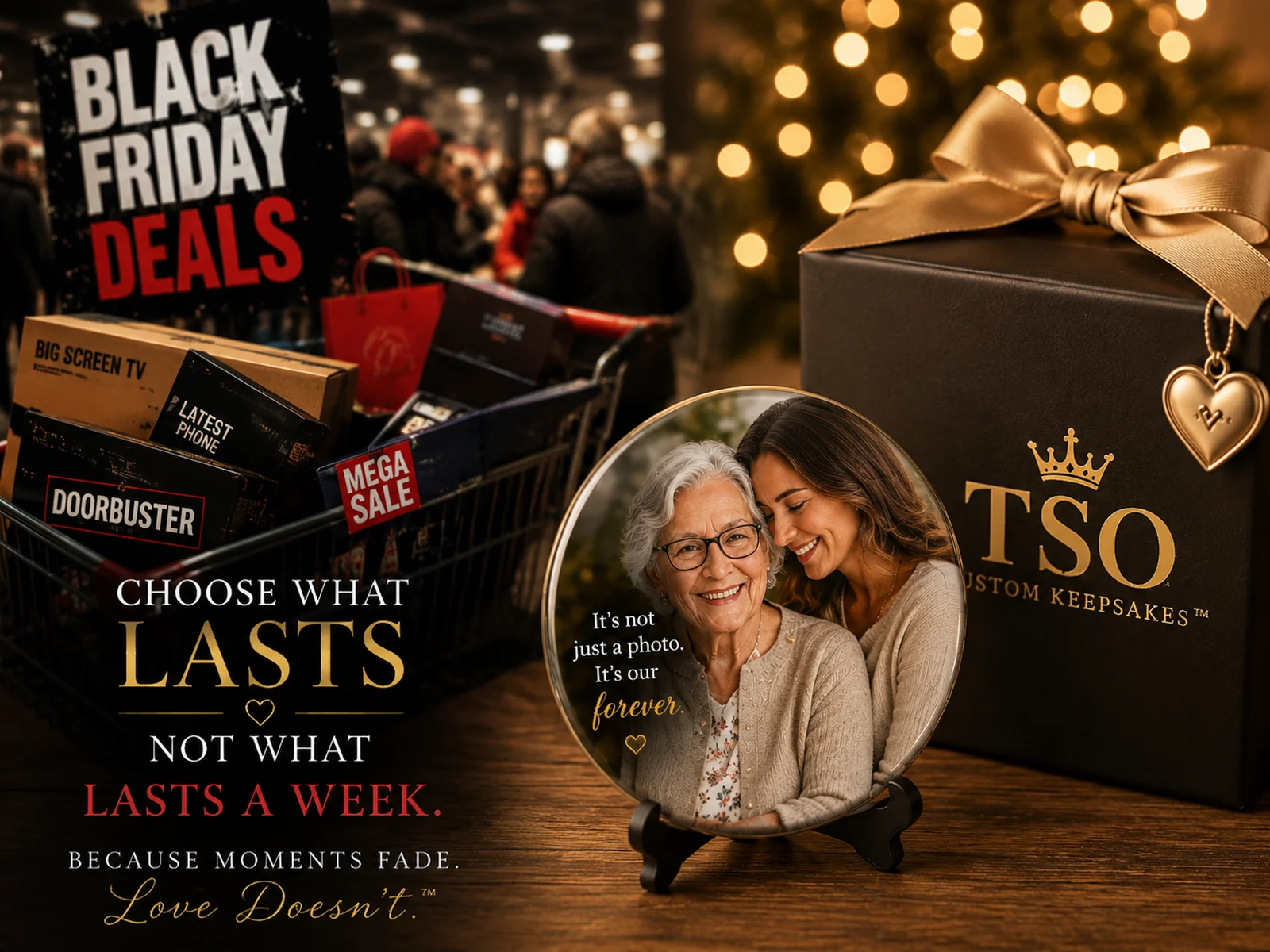 Black Friday 2026 alternative gift — a handmade 3.5-inch TSO Custom Keepsakes photo magnet of a grandmother and daughter on a display stand beside a gold-ribbon gift box, next to a cart of doorbuster electronics