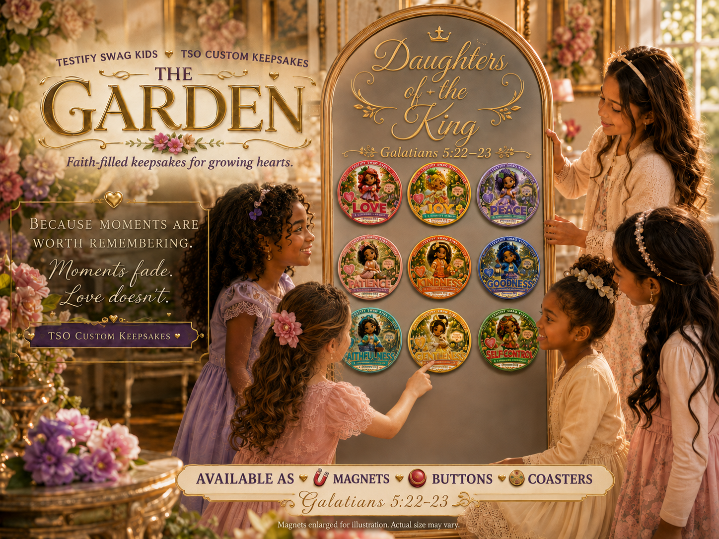 The Garden — Daughters of the King Fruit of the Spirit magnet set for girls, Galatians 5:22-23 by Testify Swag Kids