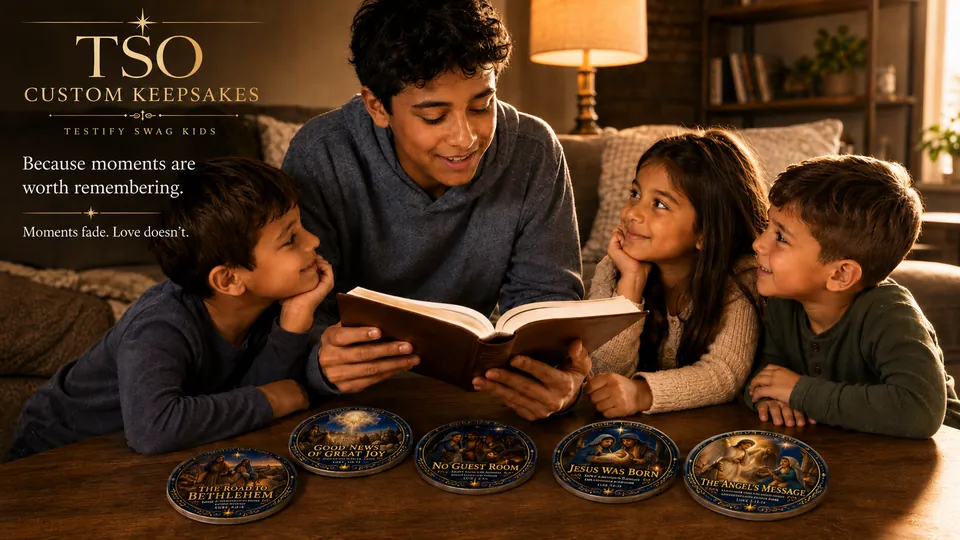 Family gathered around the Nativity Story Magnet Set on the refrigerator during Advent