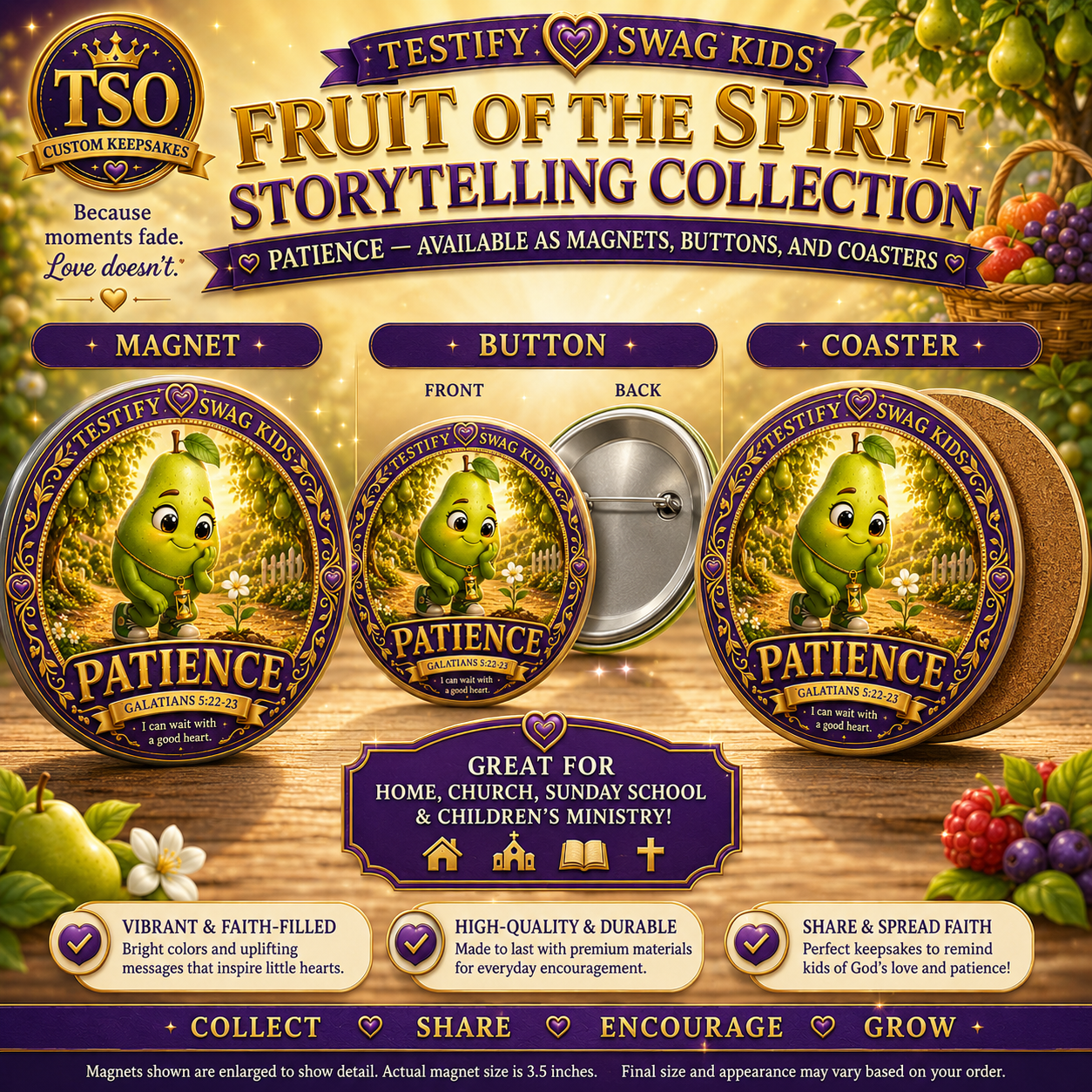 Fruit of the Spirit Storytelling Collection available as a magnet, pinback button, or coaster