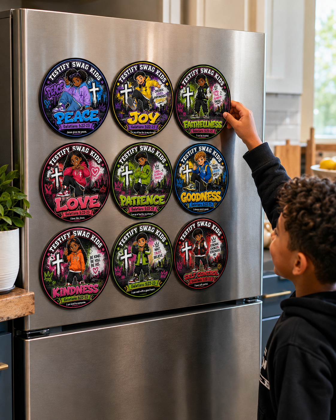 All nine Spirit Squad Fruit of the Spirit magnets on a family fridge — Galatians 5:22-23