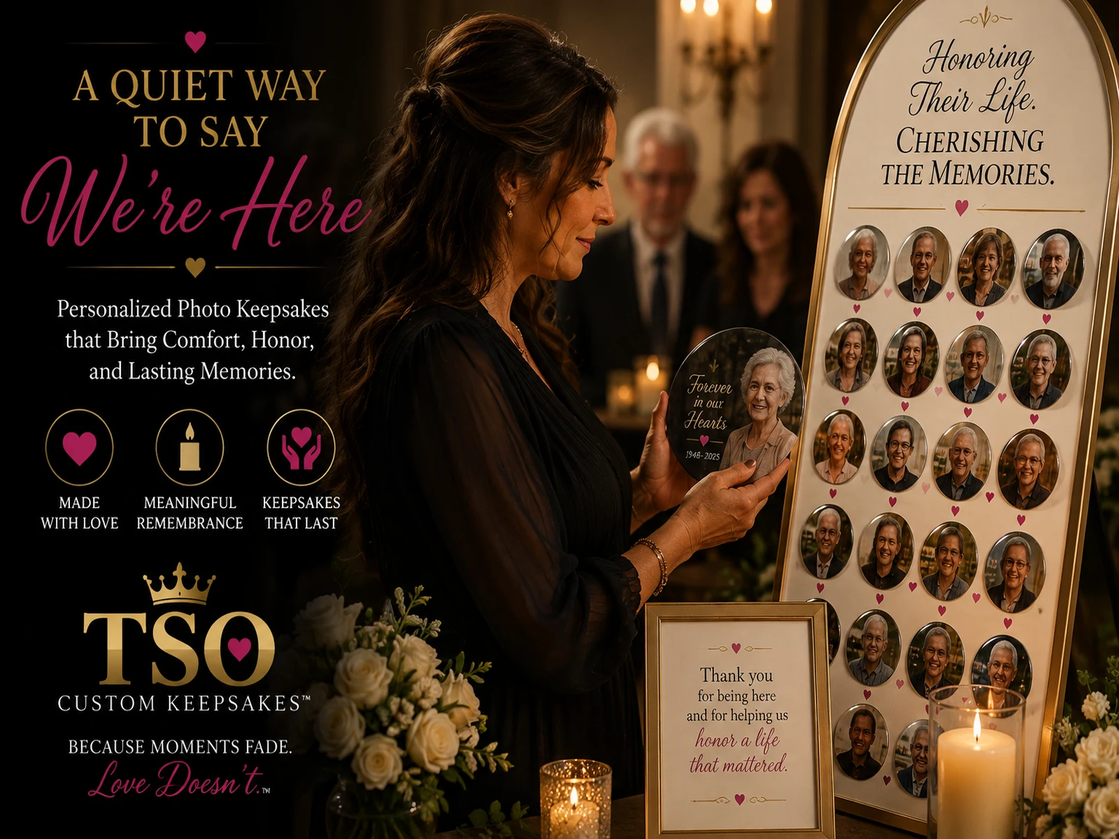 Woman in black holding a round TSO memorial photo keepsake magnet at a candlelit remembrance service beside a gold photo display board honoring a loved one