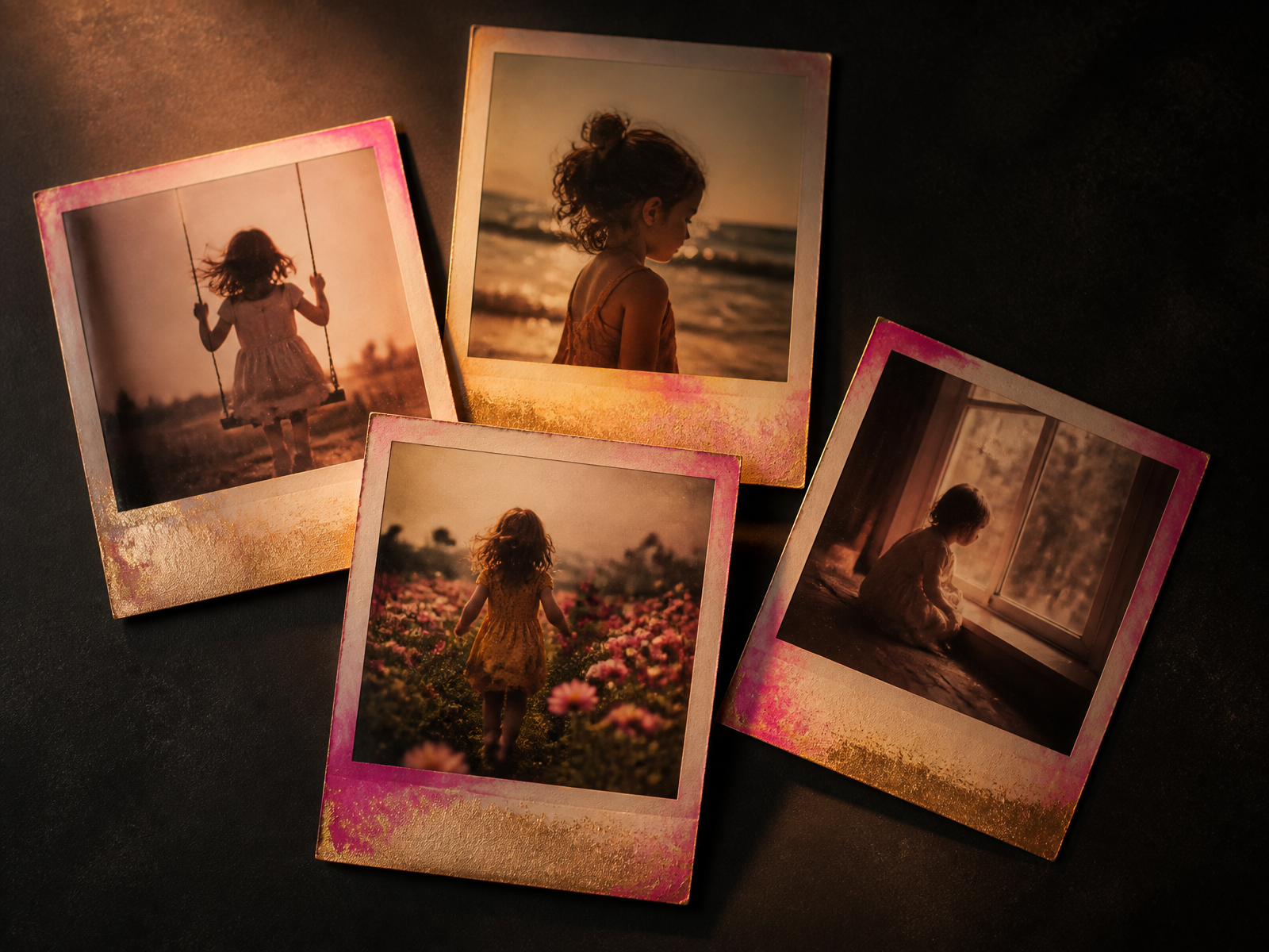 Four vintage photographs arranged on a dark surface in warm golden light — representing the childhood memories that inspired TSO Custom Keepsakes