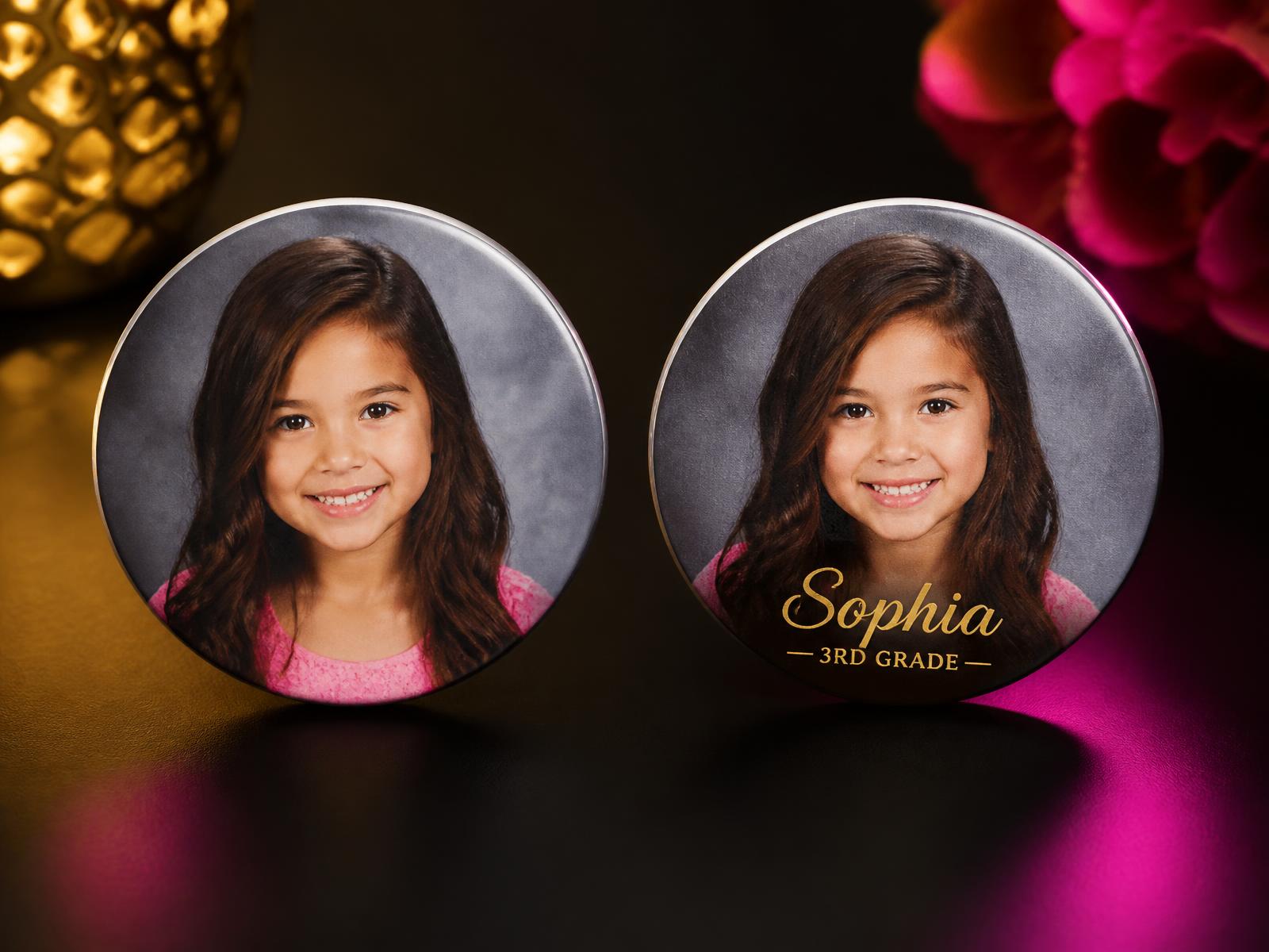 Simple photo magnet compared with a personalized first day of school magnet showing a child's name and grade