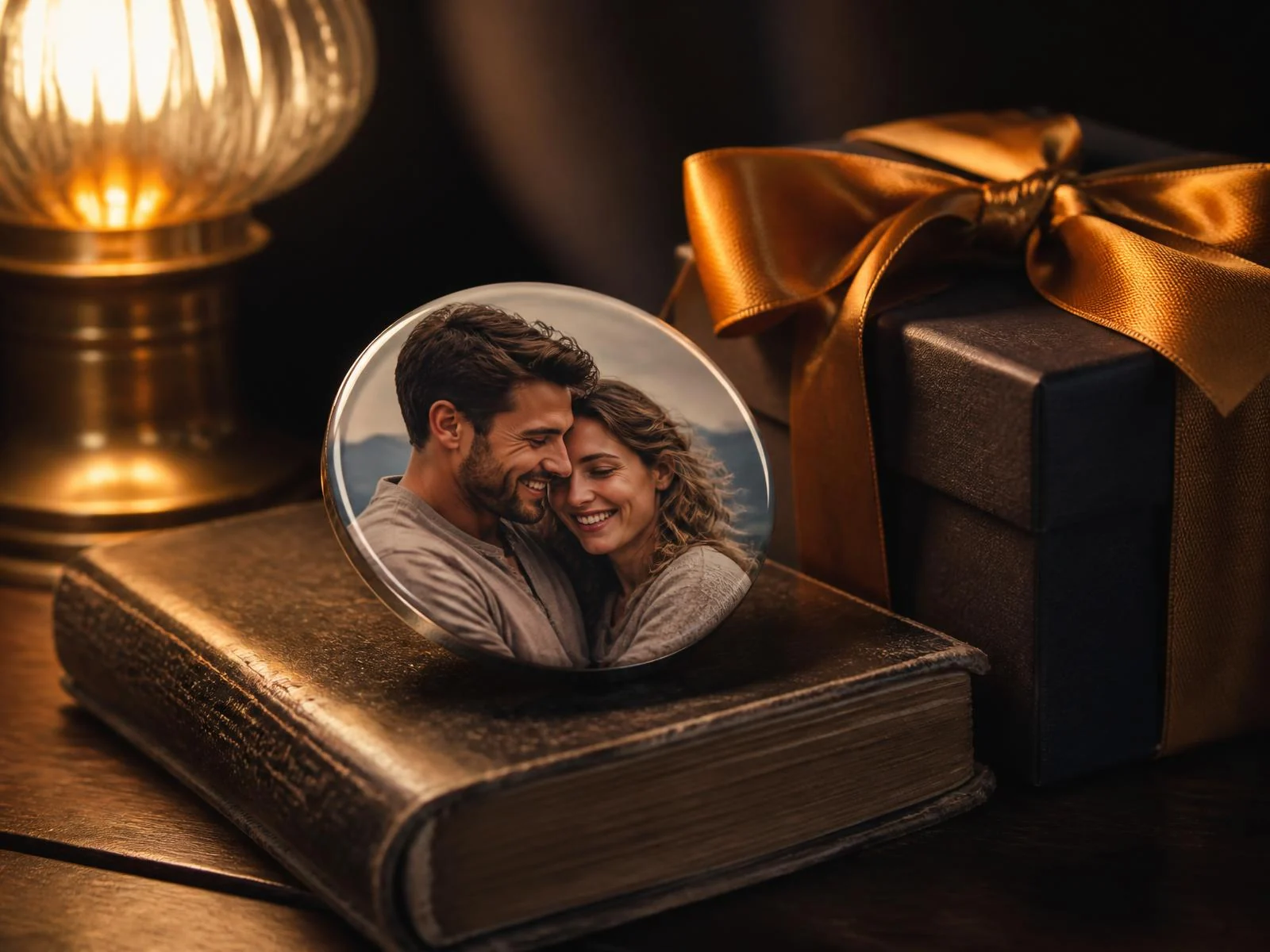 A glossy round photo keepsake magnet resting on a leather Bible beside a gold-ribboned gift box