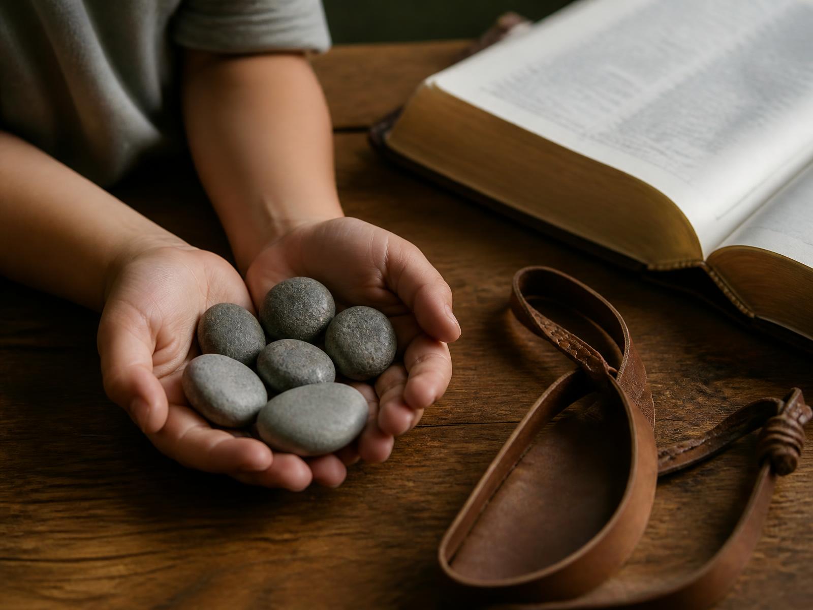 A child's hands holding five smooth river stones beside an open Bible and a leather sling.