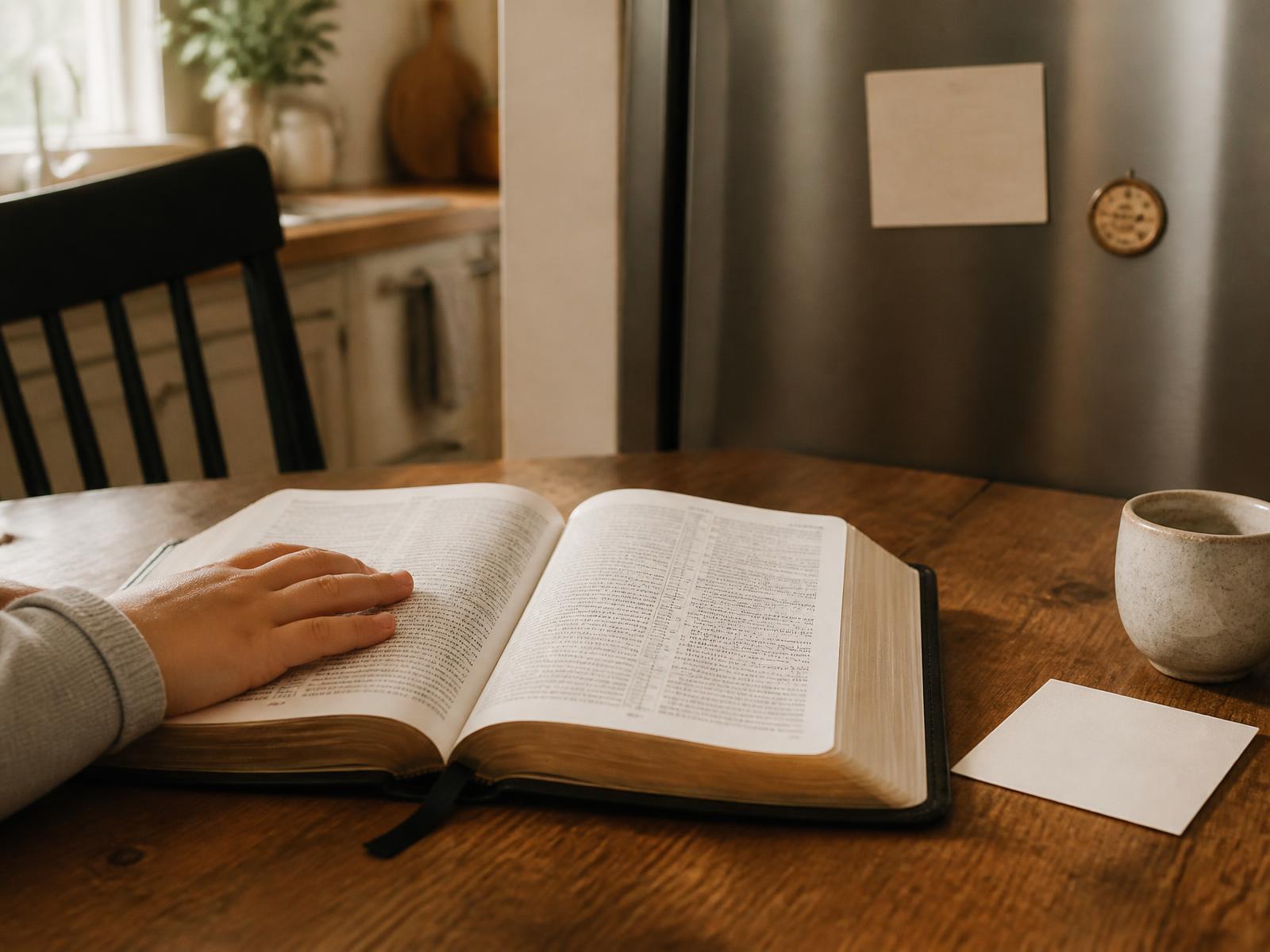 An open Bible on a kitchen table with a child's hand on the page and a scripture keepsake on the refrigerator behind it.
