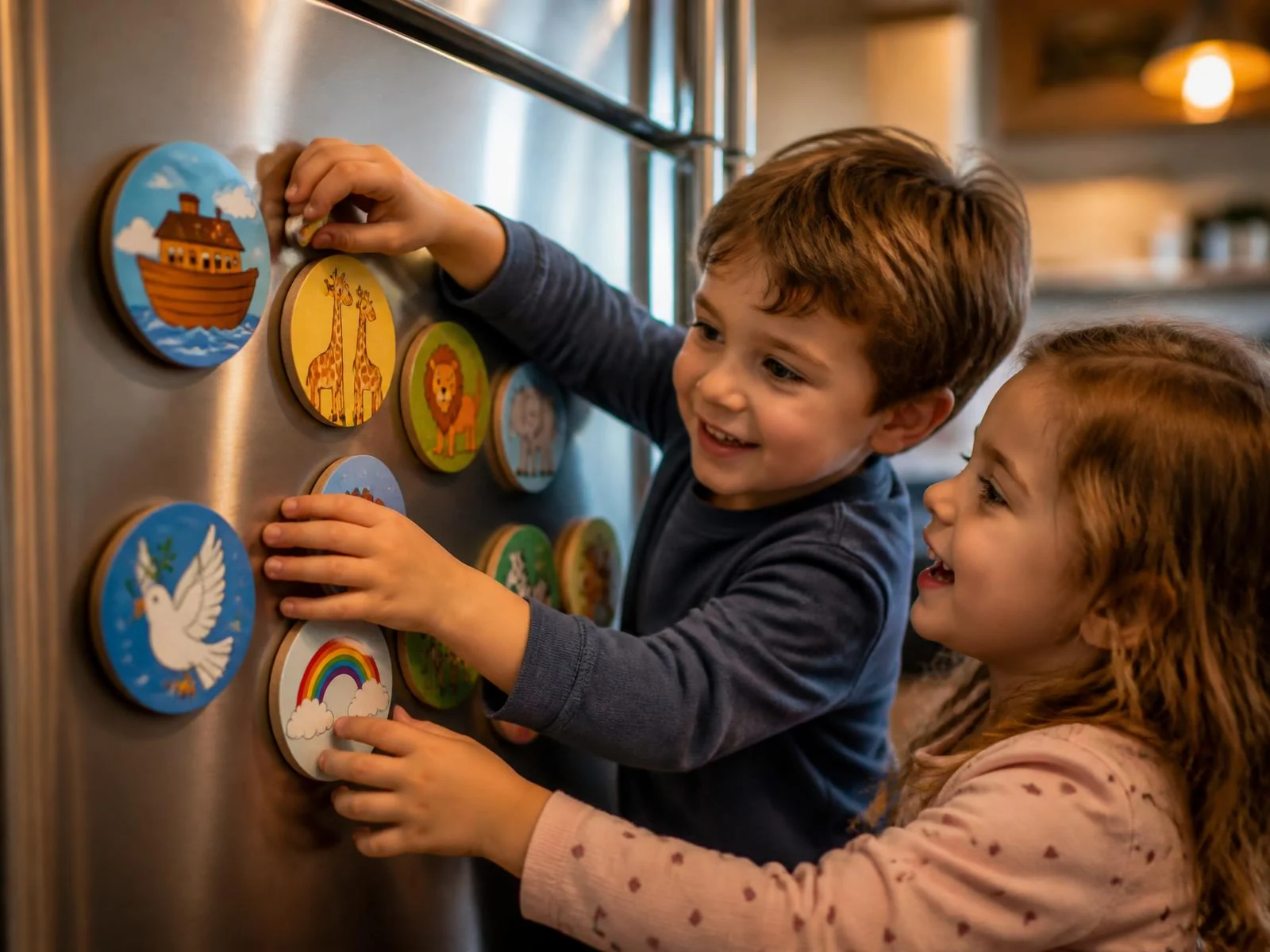 Two young children arranging Noah's Ark Bible story magnets on a refrigerator door