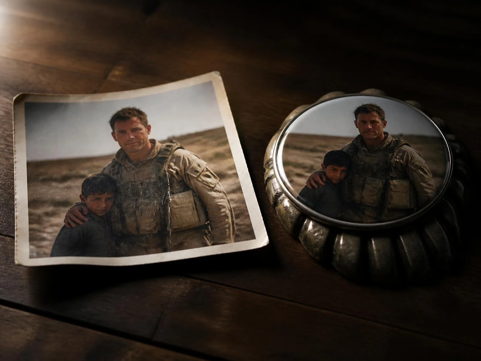 A curling faded paper photo print beside a glossy round photo magnet on a heavy metal shell